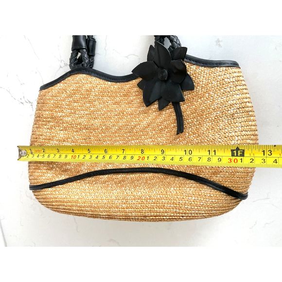 Straw Two-Handled Purse with Black Leather Braided Handles & Flower Accent - Picture 7 of 7
